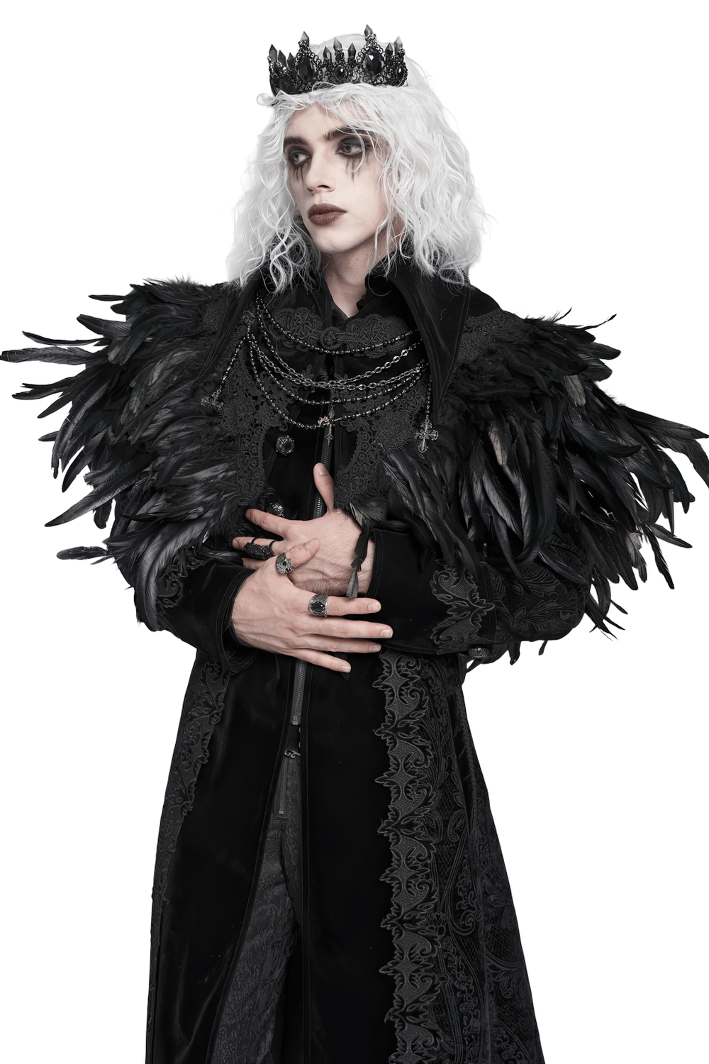 Gothic Feather Shoulder Cape with Lace and Chains worn by model with black feathers and crown.