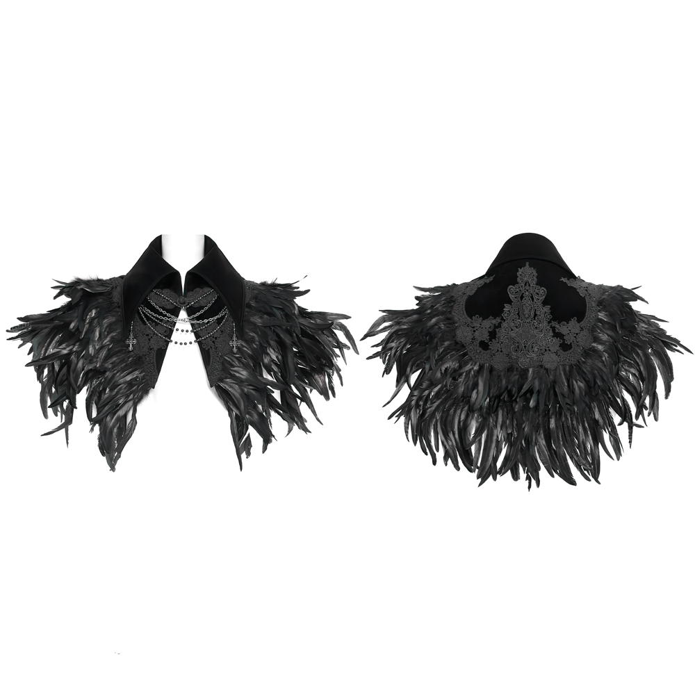 Gothic Feather Shoulder Cape with Lace and Chains showcasing dramatic layered feathers and intricate lace details.