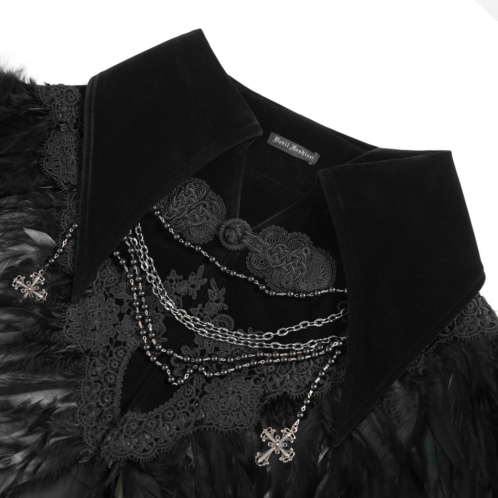 Gothic Feather Shoulder Cape with Lace and Chains featuring intricate lace and dramatic feather details.
