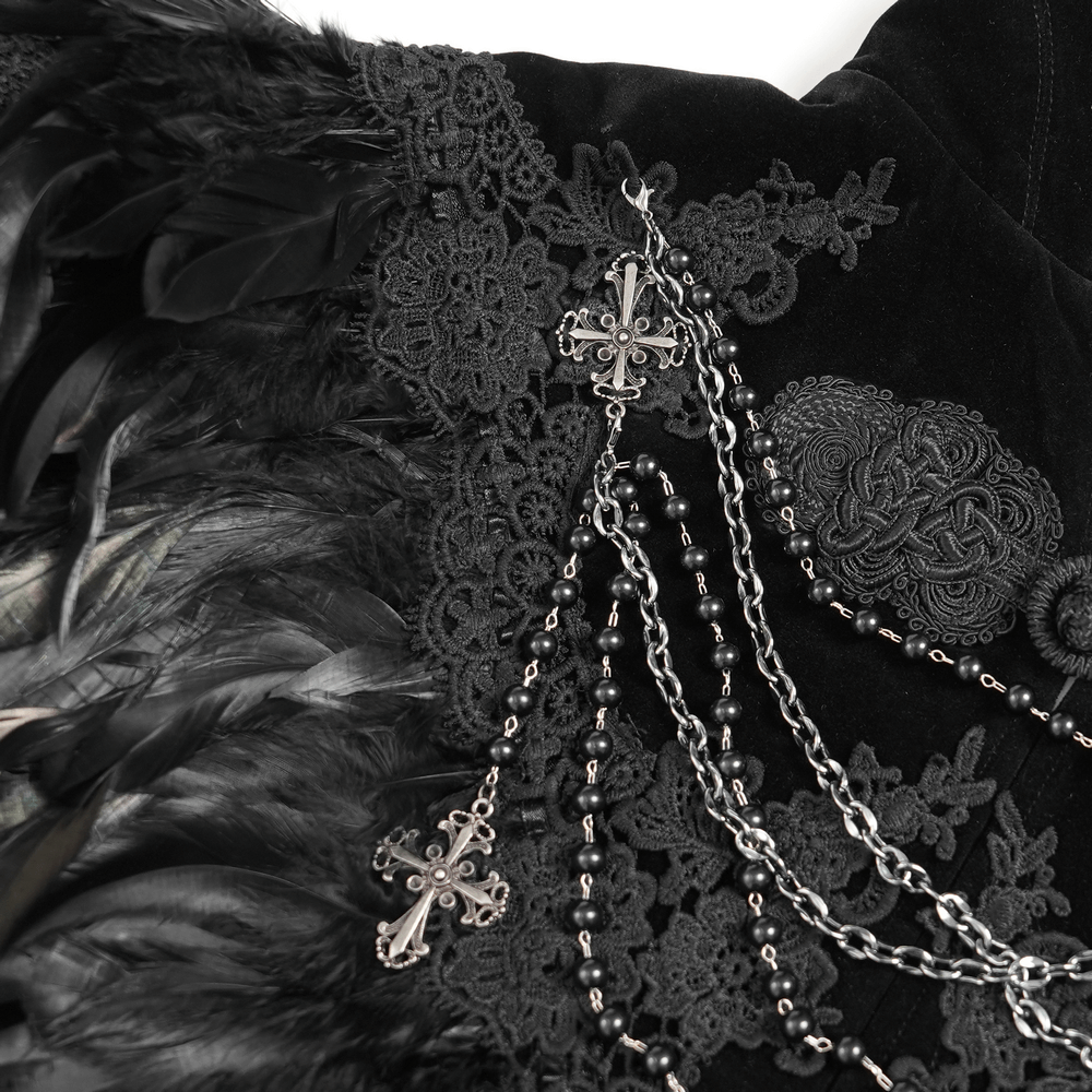 Gothic Feather Shoulder Cape with Lace and Chains featuring feathers, lace detail, and metal chains.
