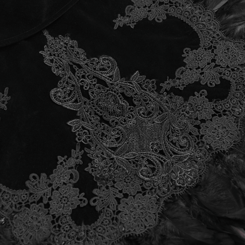 Gothic Feather Shoulder Cape with Lace and Chains showcasing intricate black lace appliqué details.