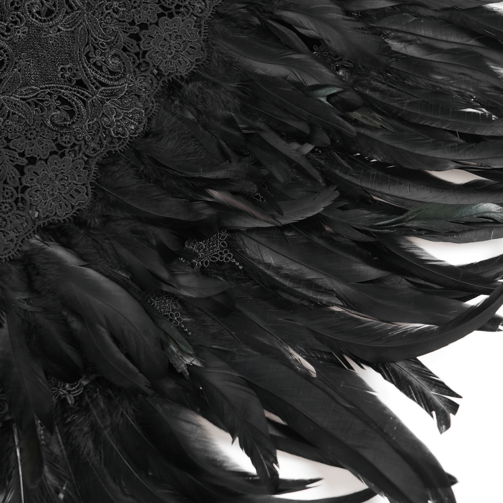 Gothic Feather Shoulder Cape with Lace and Chains featuring intricate black feathers and lace details.