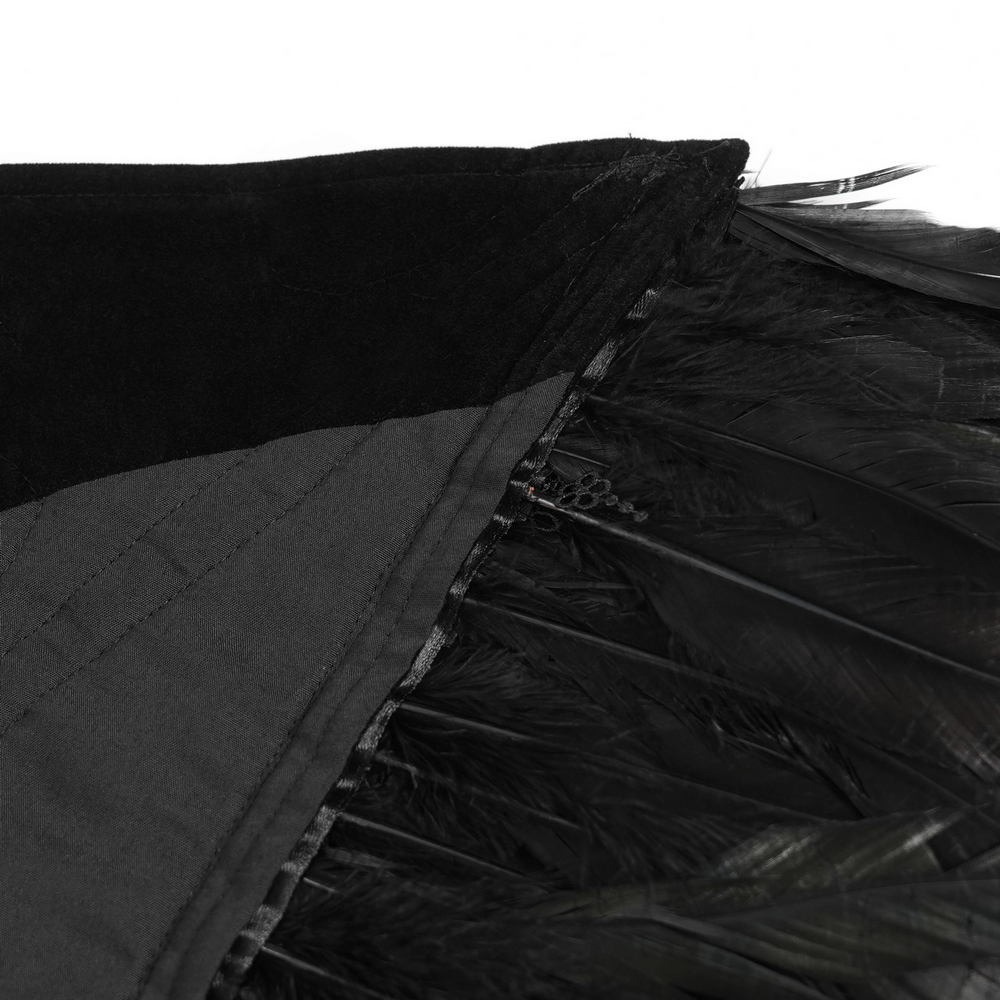 Gothic Feather Shoulder Cape with Lace and Chains showcasing intricate feathers and detailed stitching.