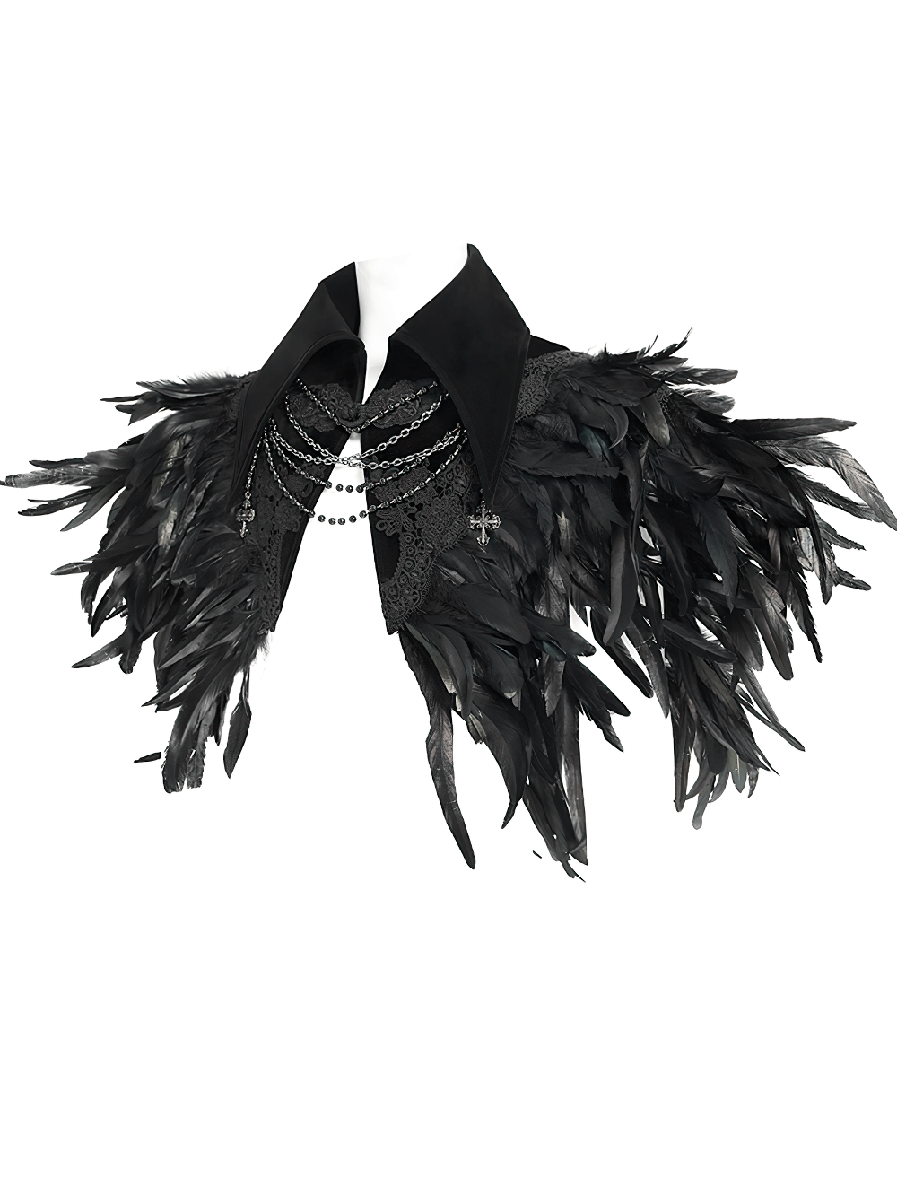 Gothic Feather Shoulder Cape with Lace and Chains showcasing black feathers and intricate lace details.