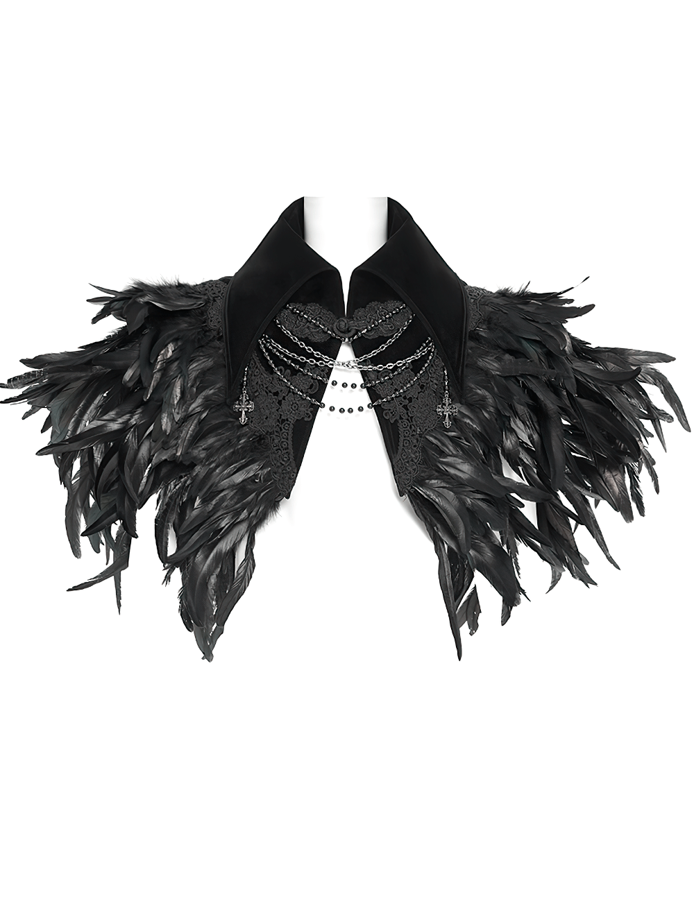 Gothic Feather Shoulder Cape with Lace and Chains showcasing raven feathers and intricate lace design.
