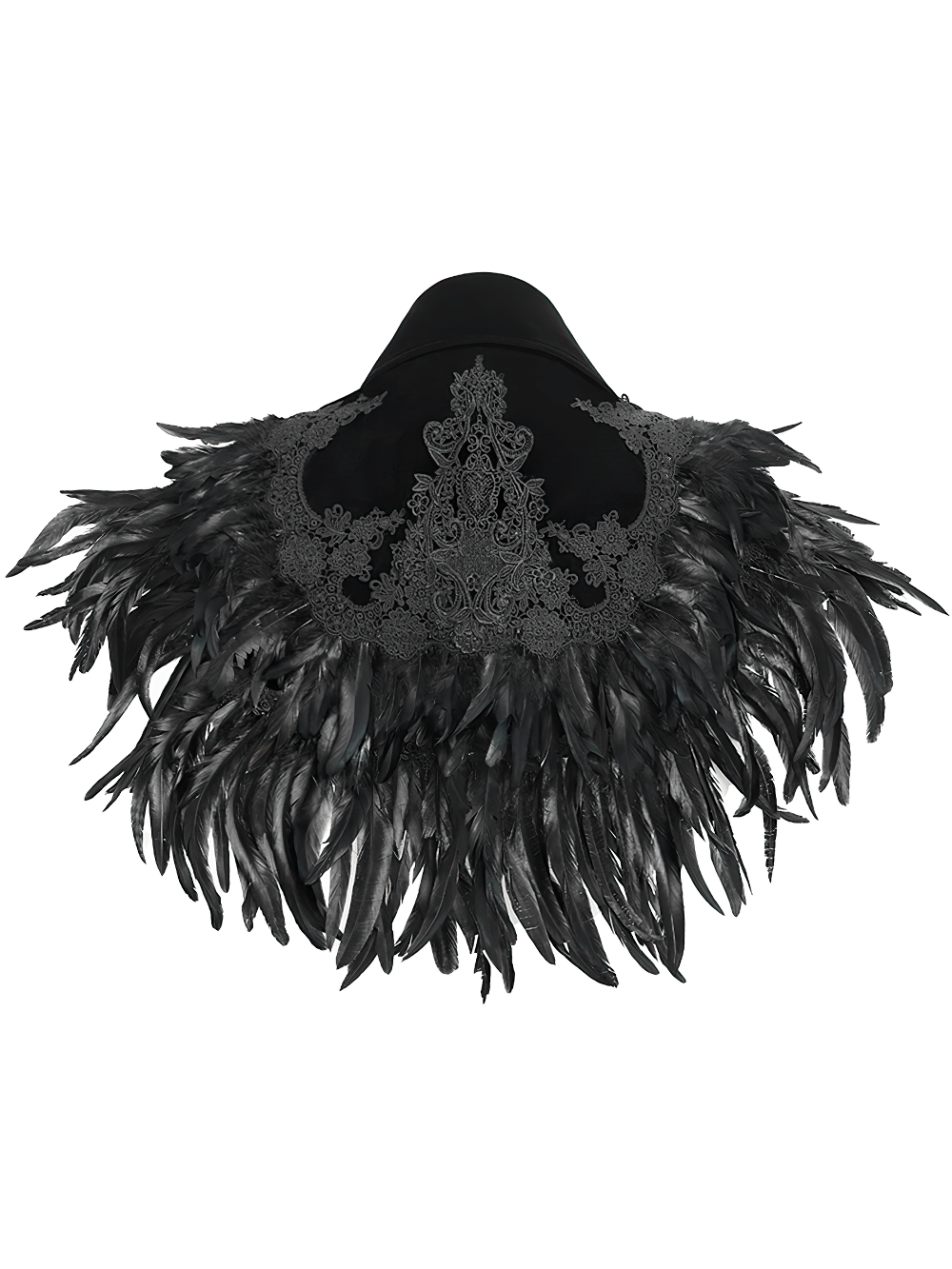 Gothic Feather Shoulder Cape with Lace and Chains featuring layered black feathers and intricate lace appliqué.