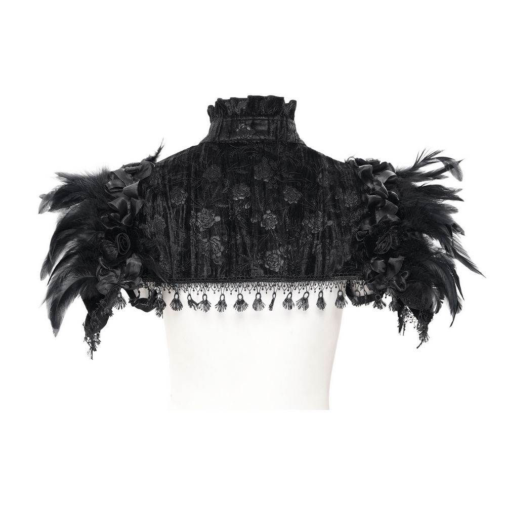 Elegant Gothic cape with feathered shoulders, lace trims, and velvet roses, showcasing Victorian charm and drama.