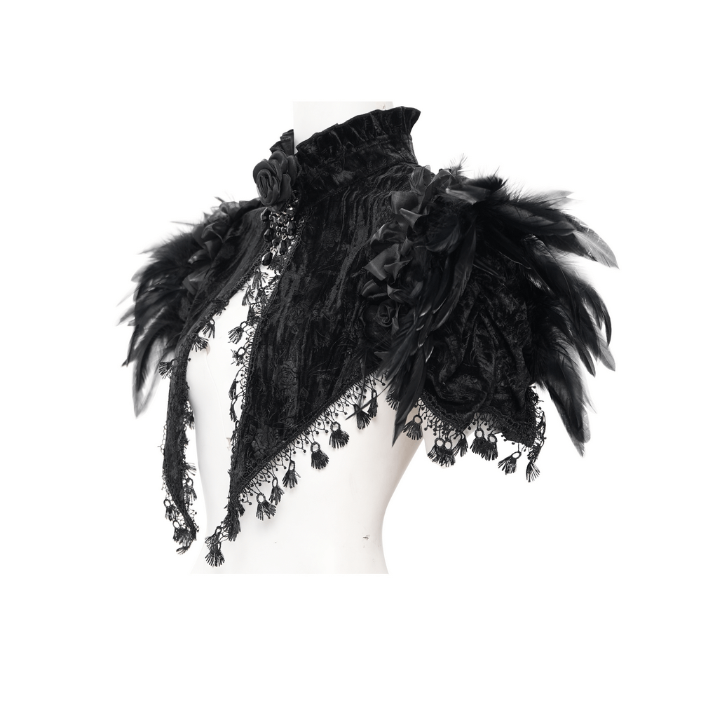 Gothic black cape with feathered shoulders, lace trims, and velvet roses for a dramatic Victorian look.