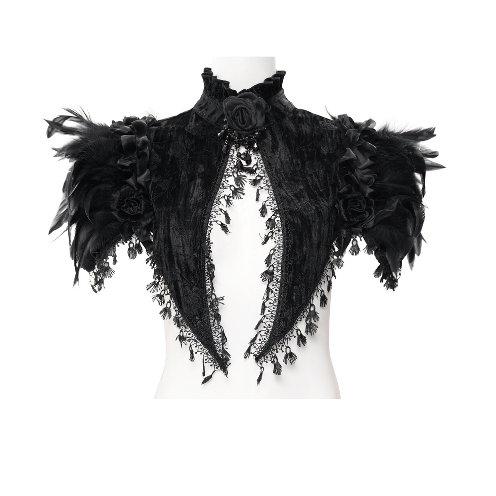 Gothic feathered cape with lace trims and velvet roses, perfect for dramatic fashion and Victorian elegance.