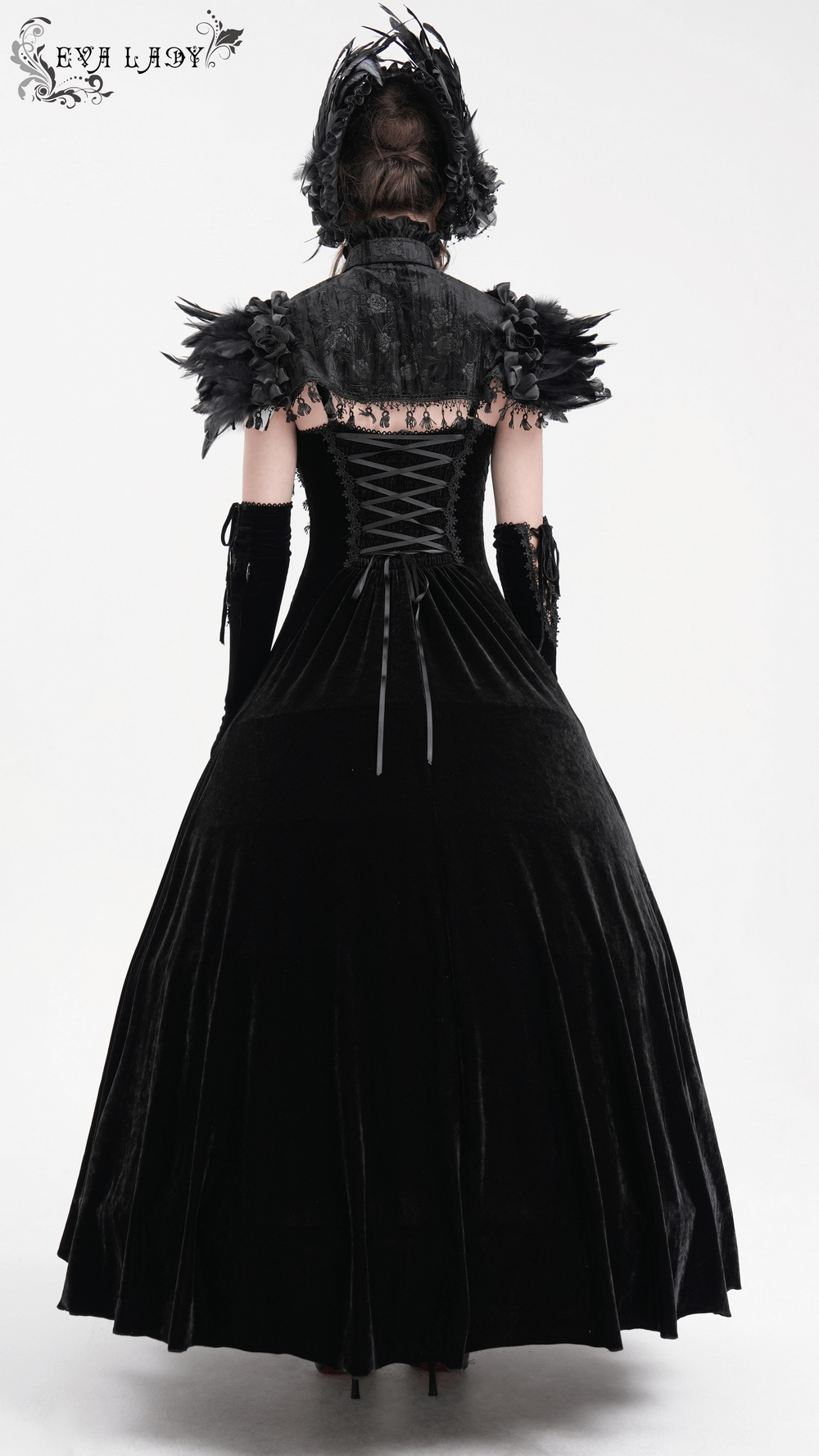 Elegant gothic cape with lace and feather details, showcasing a dramatic black velvet design perfect for Victorian-inspired fashion.