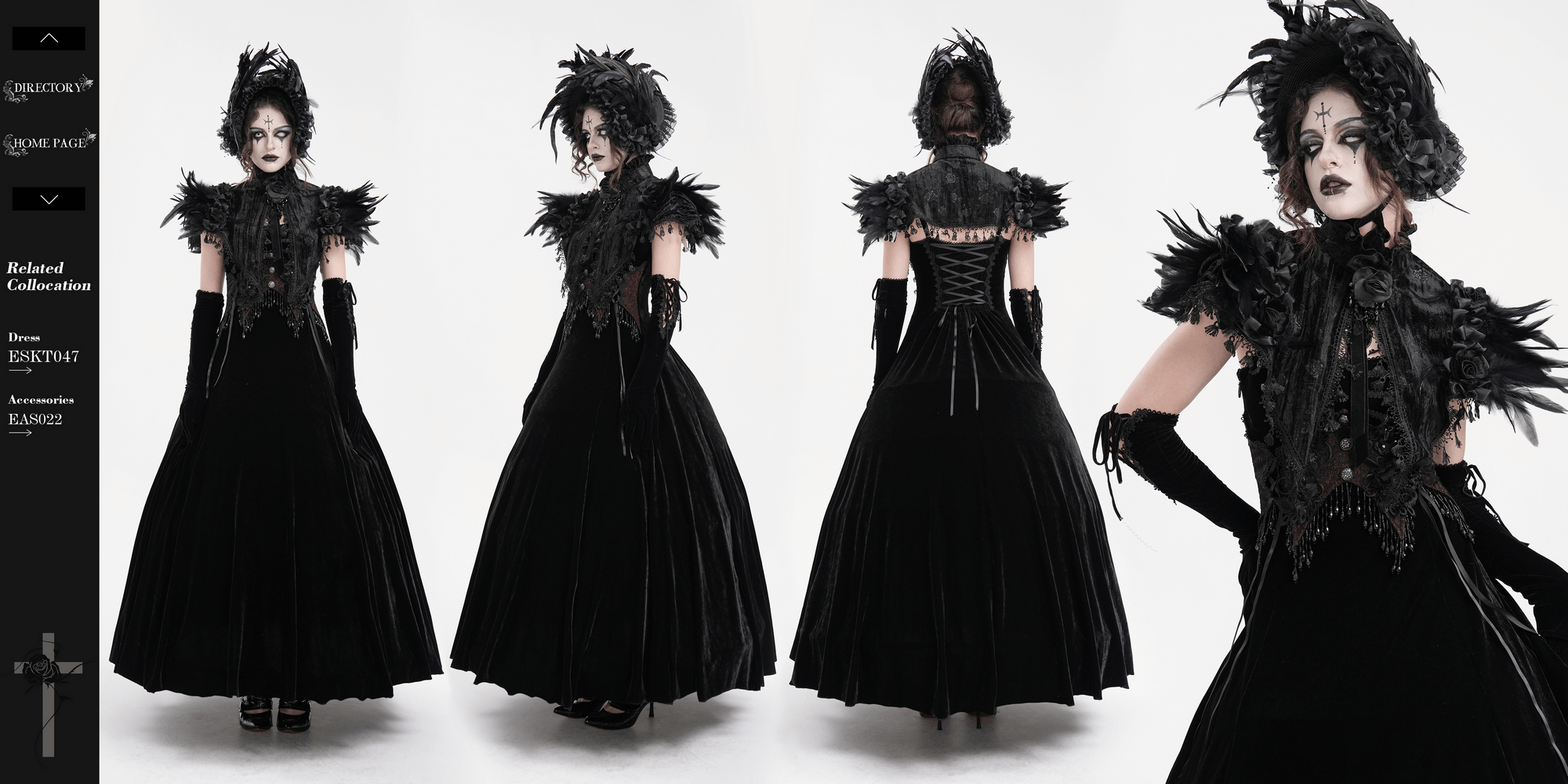 Dramatic gothic cape with feather accents and lace trim worn by model, embodying Victorian elegance and style.