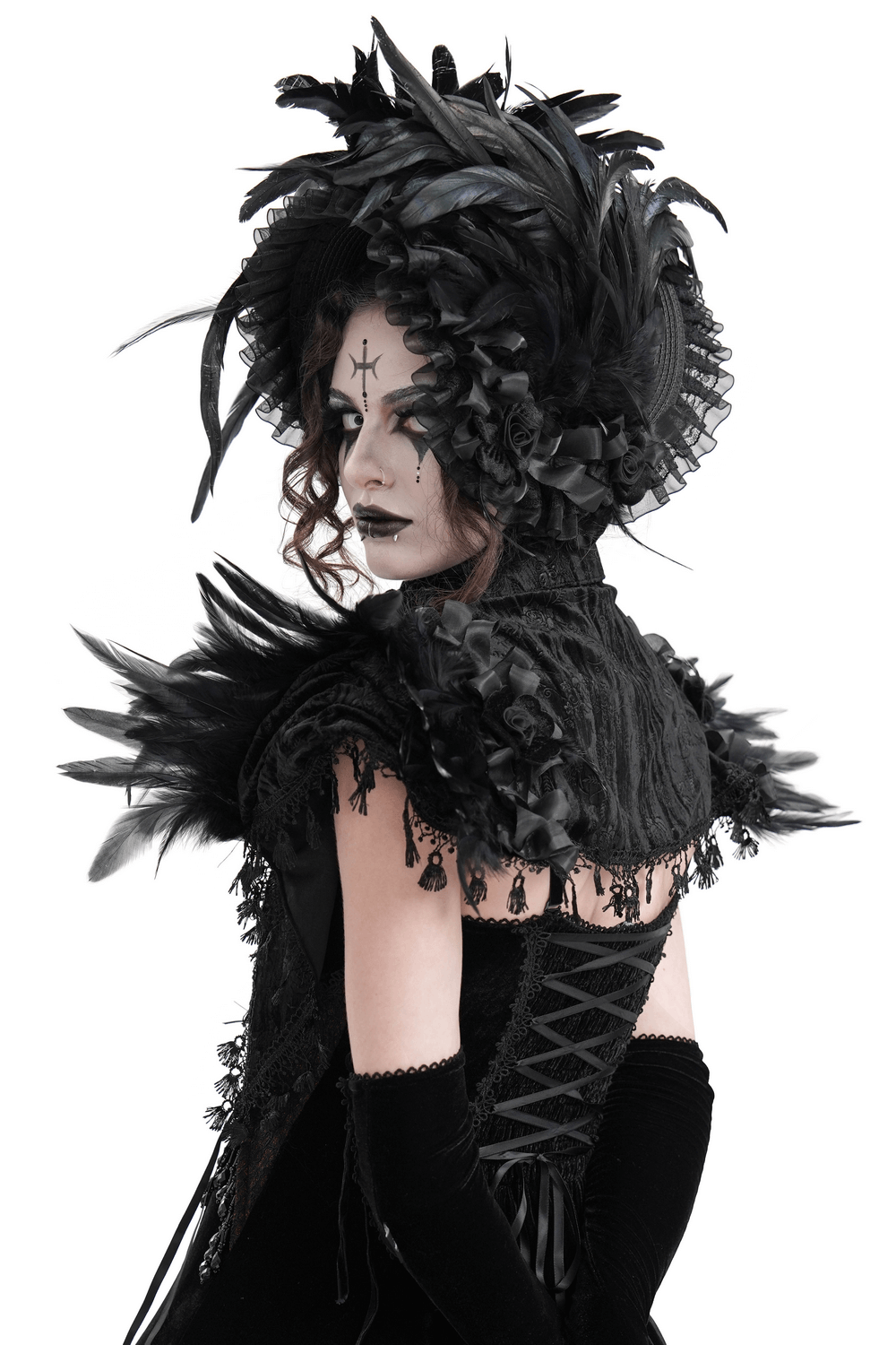 Gothic feathered cape with lace trims and velvet roses, showcasing Victorian elegance and dramatic charm.