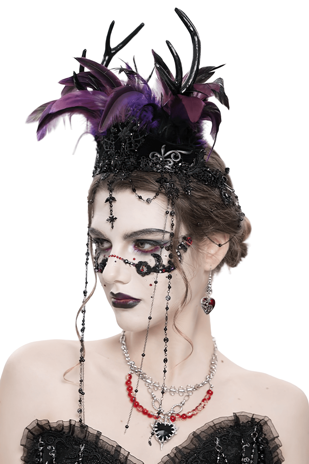 Gothic feathered headpiece with purple and black feathers, chains, and cross details for a dramatic look.