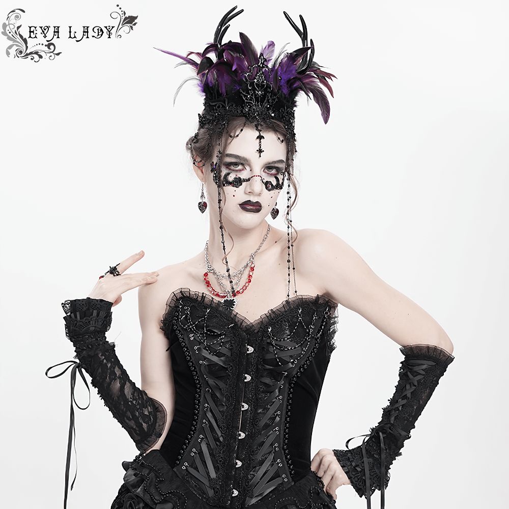 Gothic feathered crown in purple and black with chains and cross details, worn by a model in dark elegance attire.