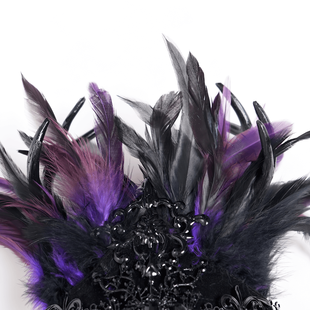Purple and black feathers adorn a Gothic crown with intricate chains and cross details, perfect for dark elegance.