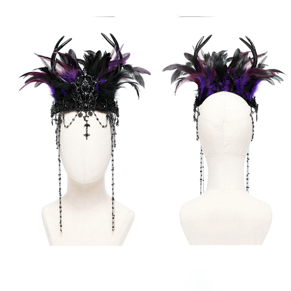 Gothic feathered headpiece with chains and cross ornaments in purple and black, perfect for dark elegance.