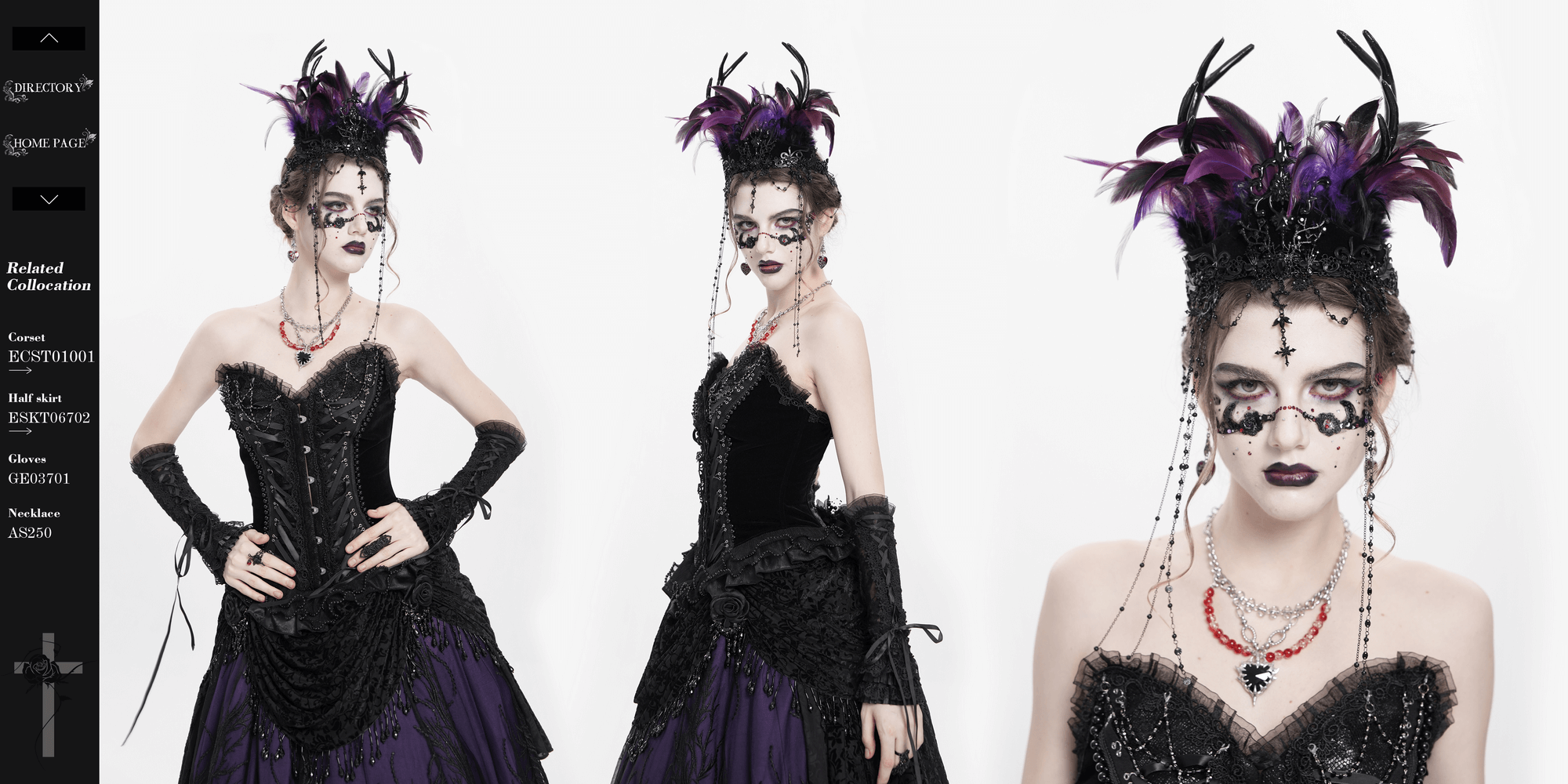Gothic feathered headpiece in purple and black, adorned with chains and crosses, worn by model in elegant attire.