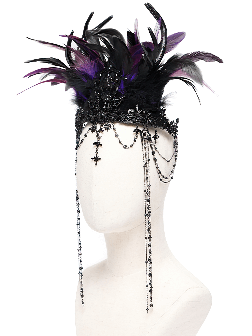 Gothic feathered headpiece featuring purple and black feathers, chains, and cross ornaments for a dramatic look.