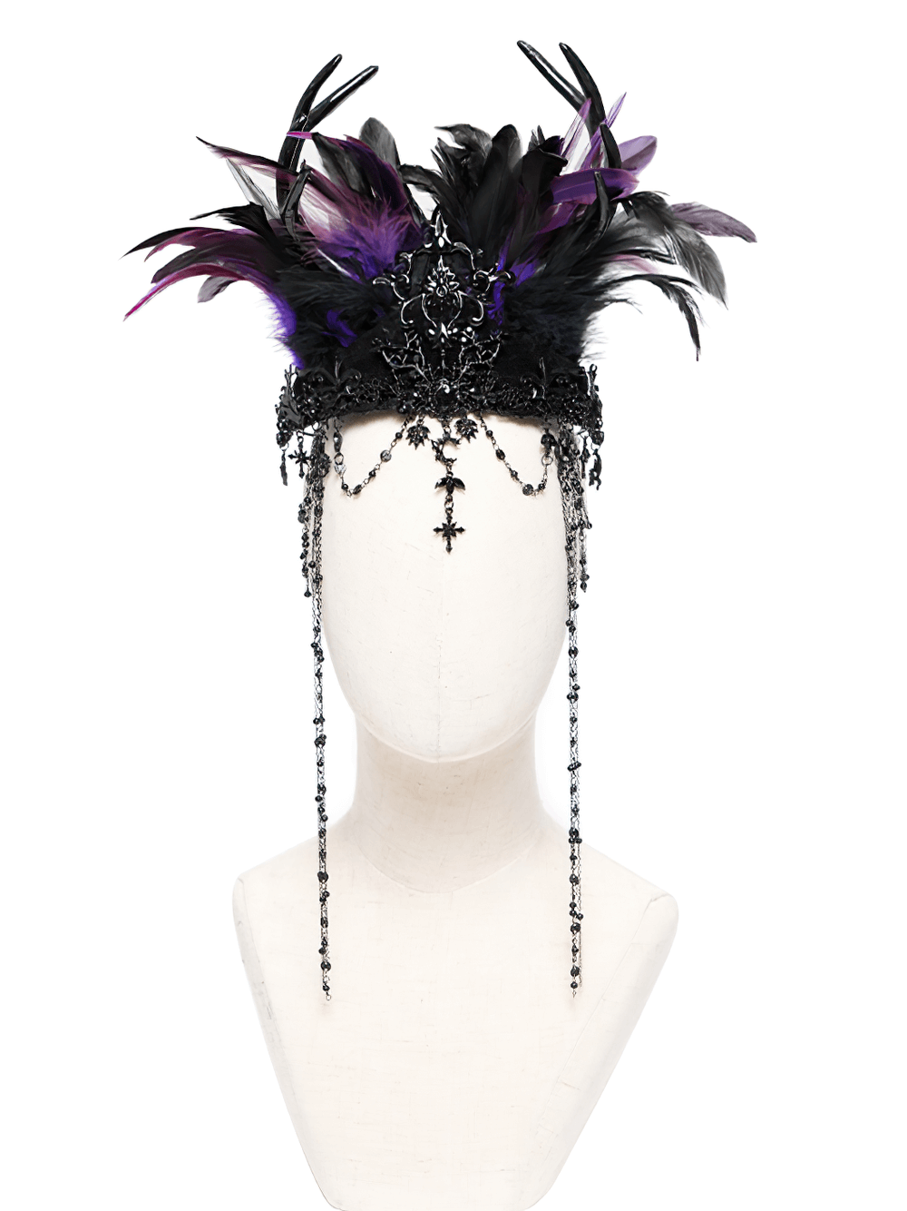 Gothic feathered headpiece in purple and black with chains and cross ornaments for a dramatic look.
