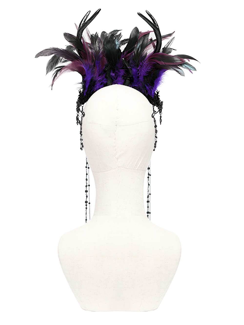 Gothic feathered crown in purple and black with chains and cross ornaments, viewed from the back on a mannequin.