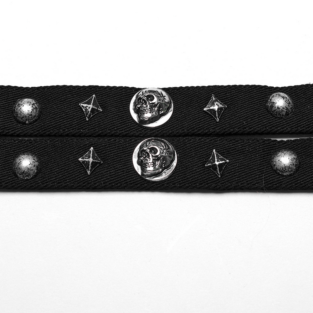 Gothic black double choker with silver skulls and stars, perfect for punk fashion enthusiasts.