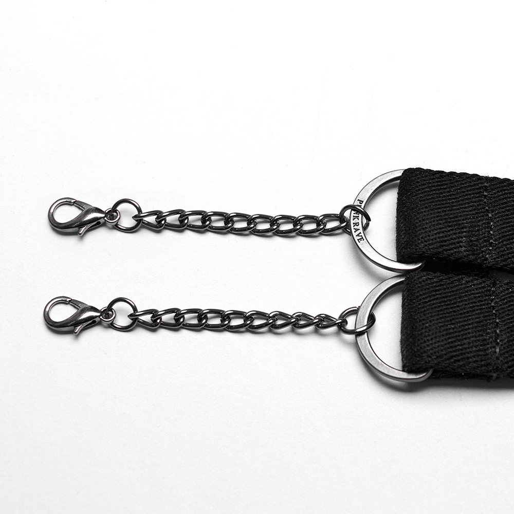 Close-up of adjustable black choker clasp with chains and clips, perfect for gothic and punk style accessories.