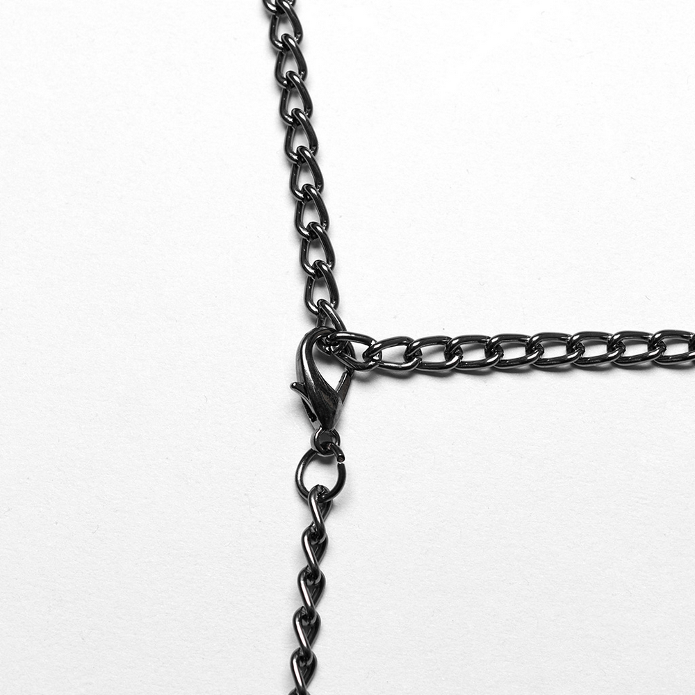 Close-up of a black choker chain showing the adjustable clasp and linked design for gothic punk fashion.