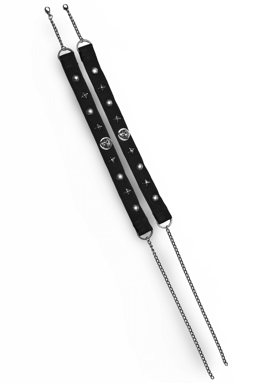 Edgy gothic female double choker with skulls and stars, featuring adjustable black cord and metal accents.