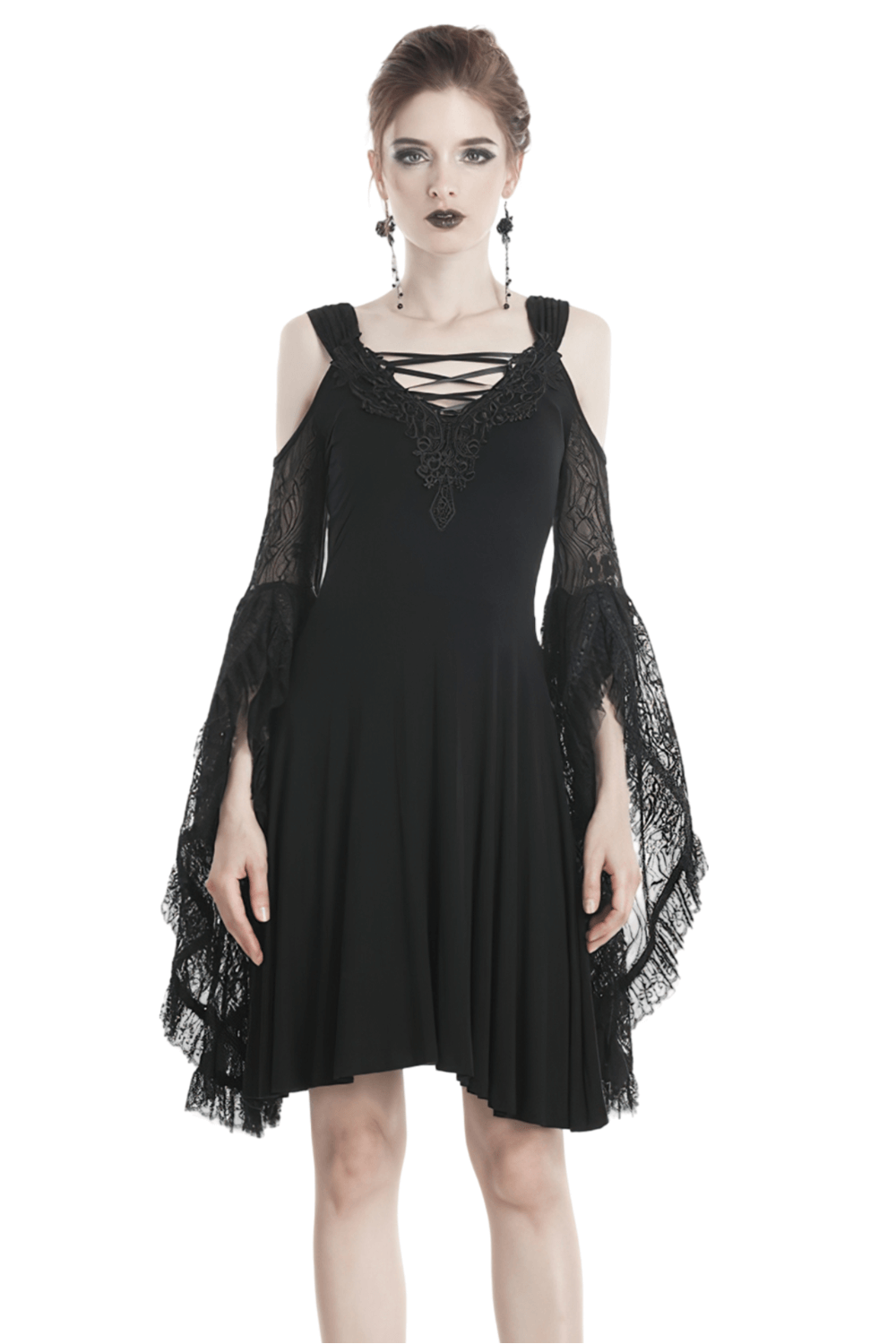 Gothic Female Dress with Lace-up and Dramatic Lace Sleeves