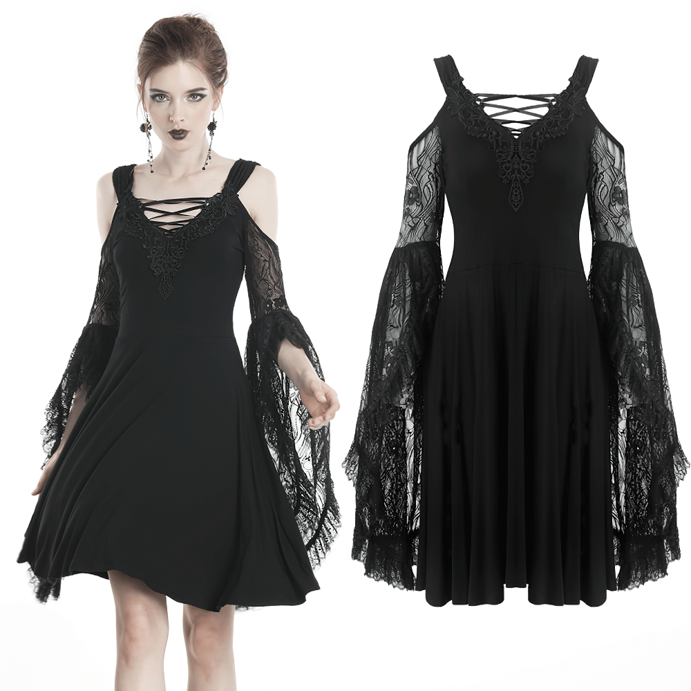 Gothic Female Dress with Lace-up and Dramatic Lace Sleeves