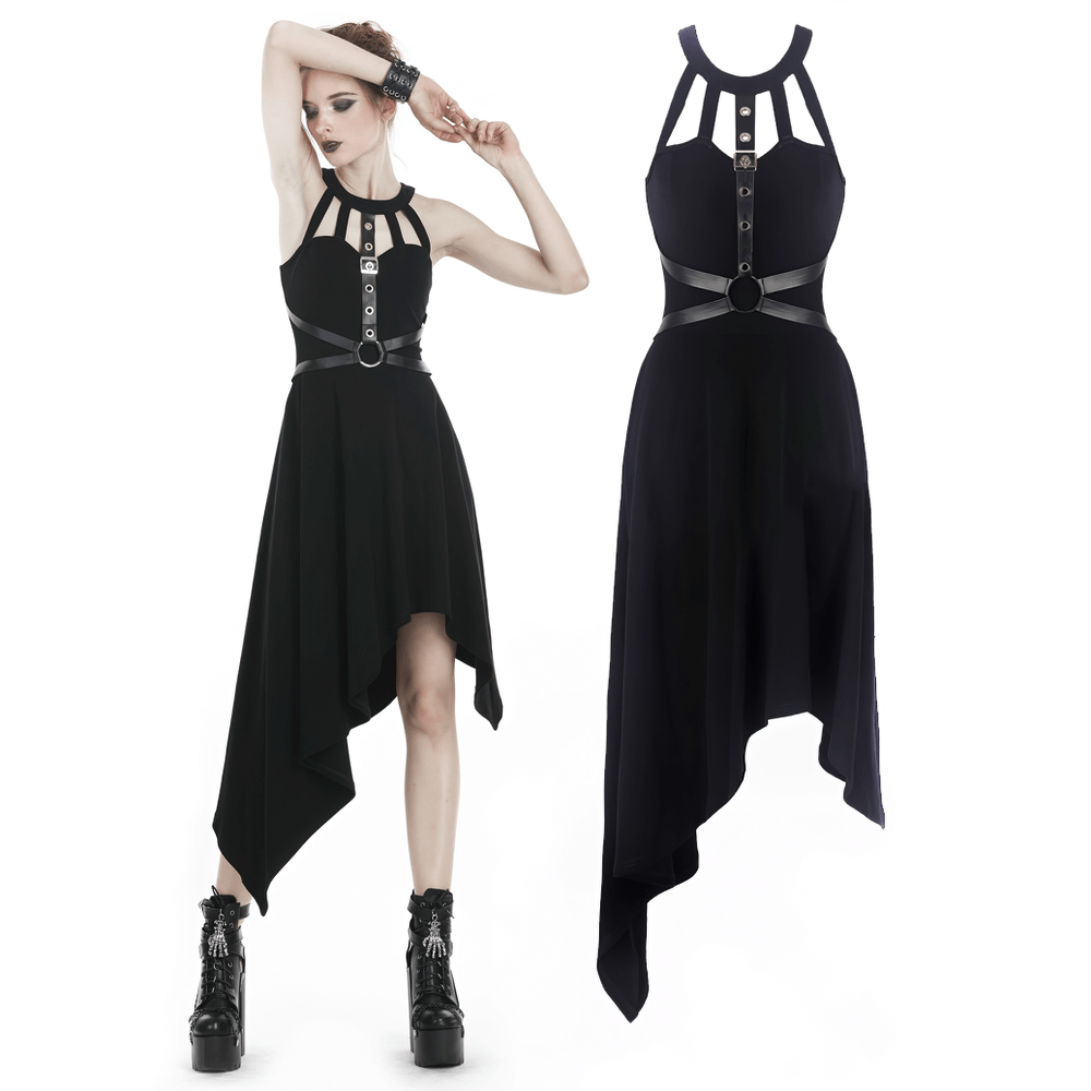 Gothic Female Dress with Metal Accents and Asymmetric Hem