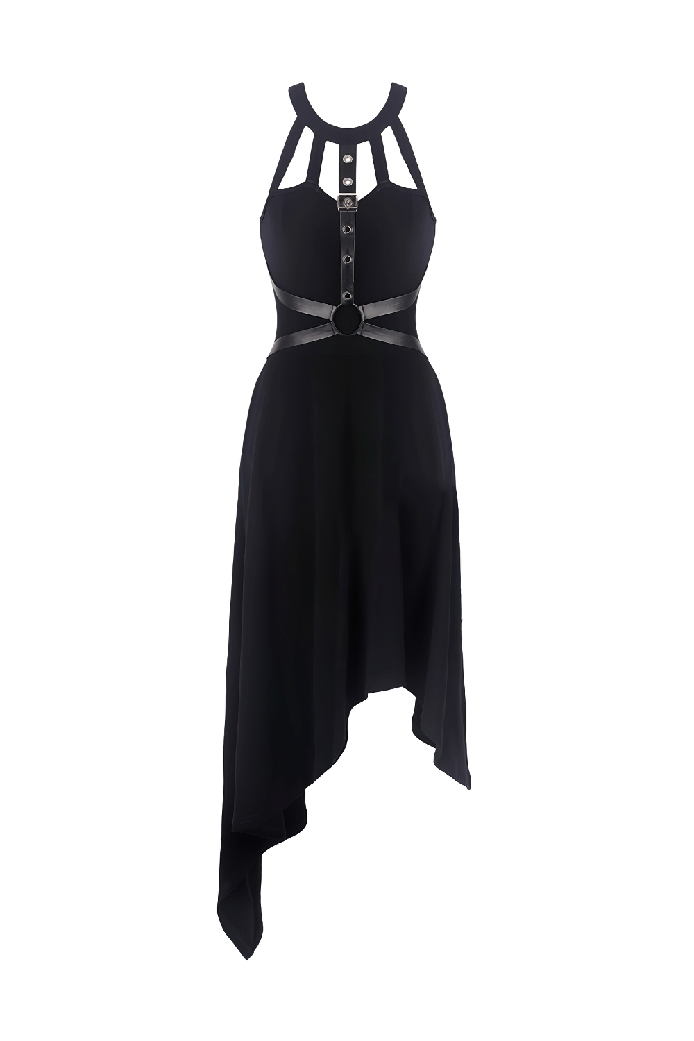 Gothic Female Dress with Metal Accents and Asymmetric Hem