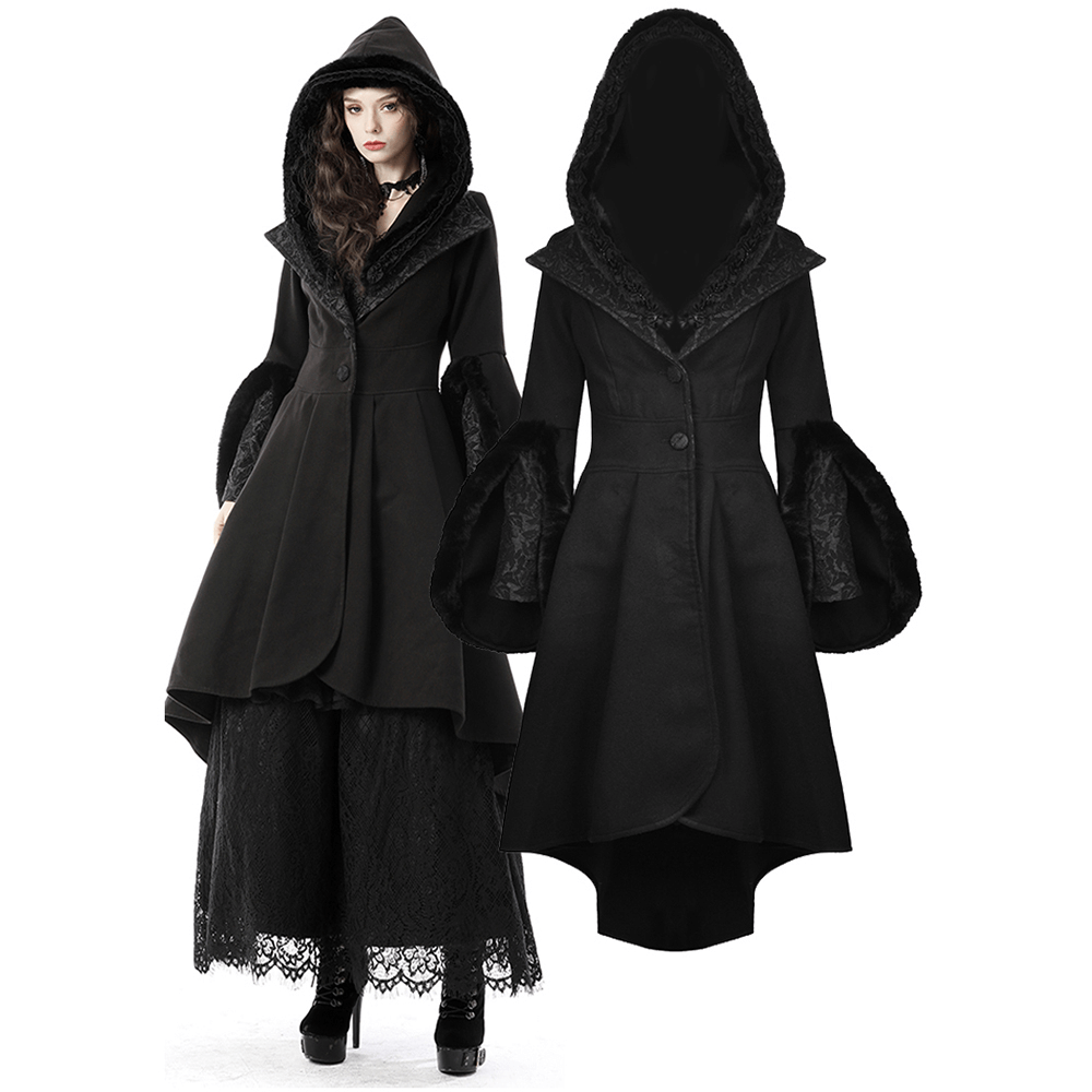 Gothic women's black coat with hood and flared sleeves, featuring lace details and a flattering fit, perfect for stylish elegance.