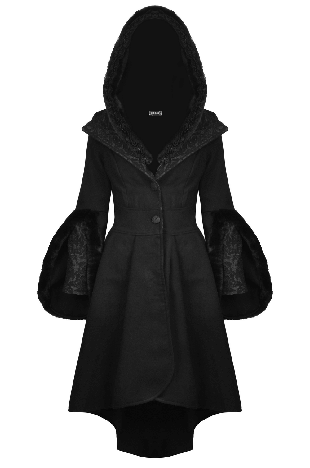 Gothic black cocktail coat with hood and flared sleeves for women, perfect blend of elegance and edge.