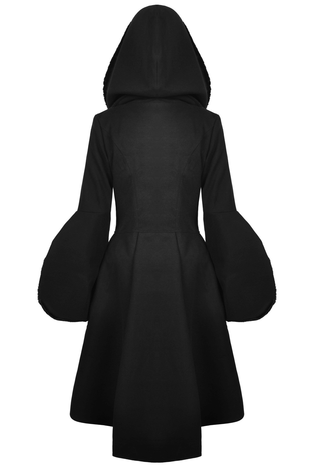 Stylish black gothic coat with hood and flared sleeves, perfect for a dramatic look and elegant flair.