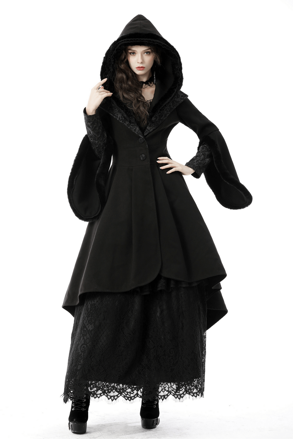 Gothic black hooded cocktail coat with flared sleeves. Elegant design featuring lace details for a stunning look.