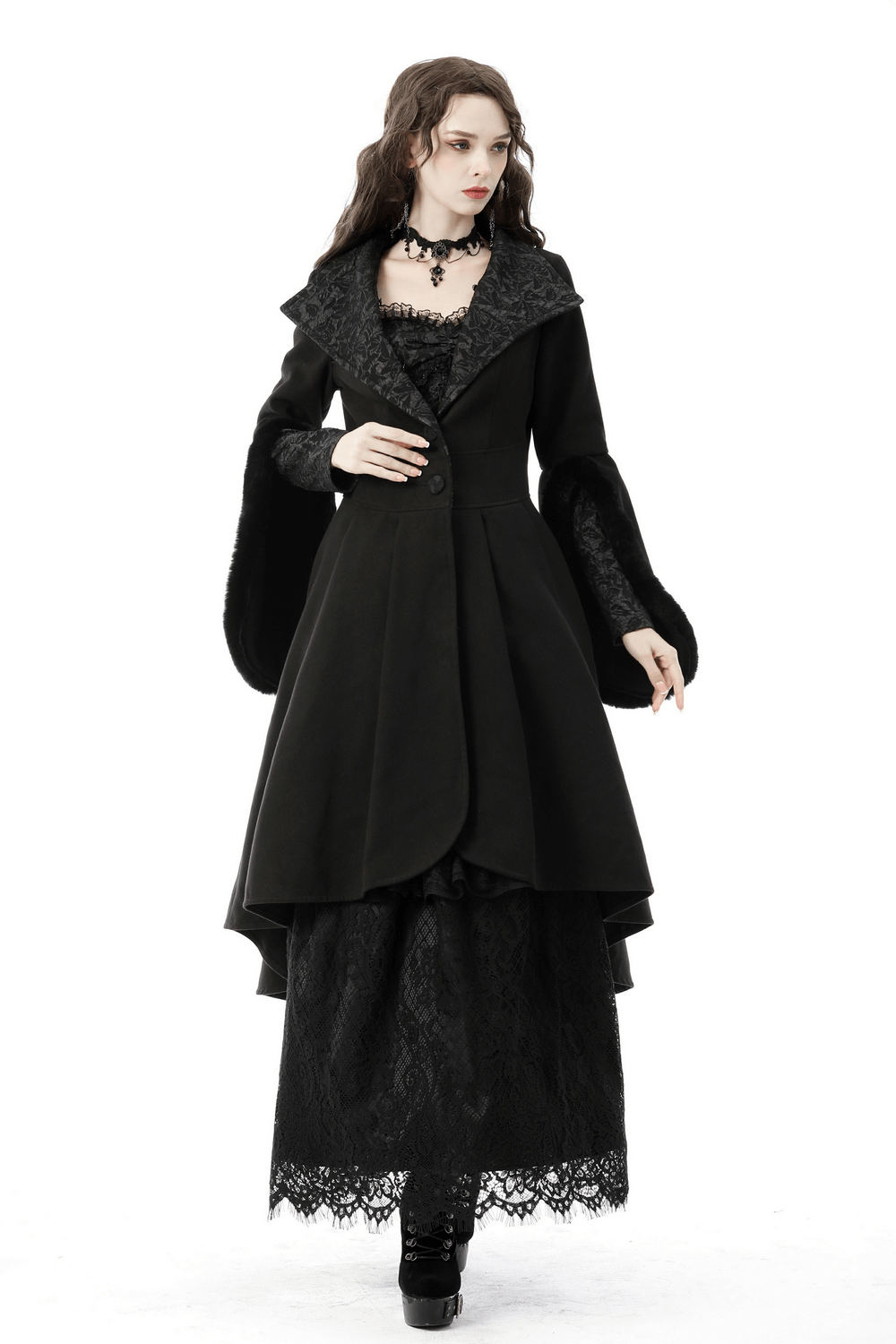 Gothic female in a stunning black hooded cocktail coat with flared sleeves and lace details, showcasing edgy elegance.