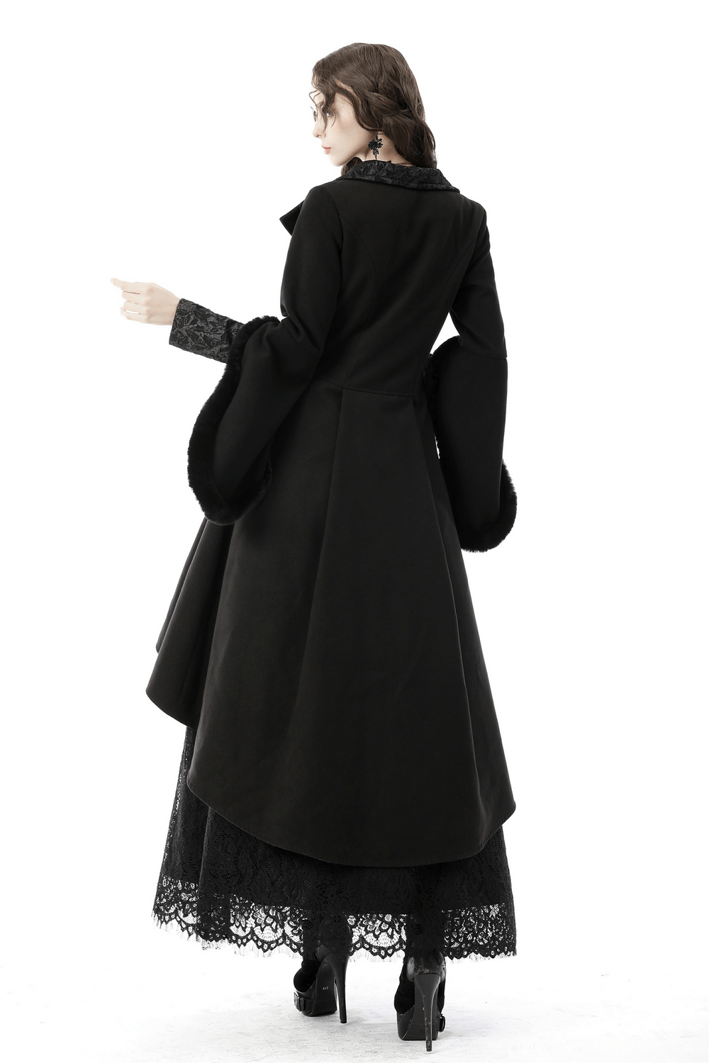 Back view of a Gothic female hooded black cocktail coat with flared sleeves, showcasing elegant lace details.