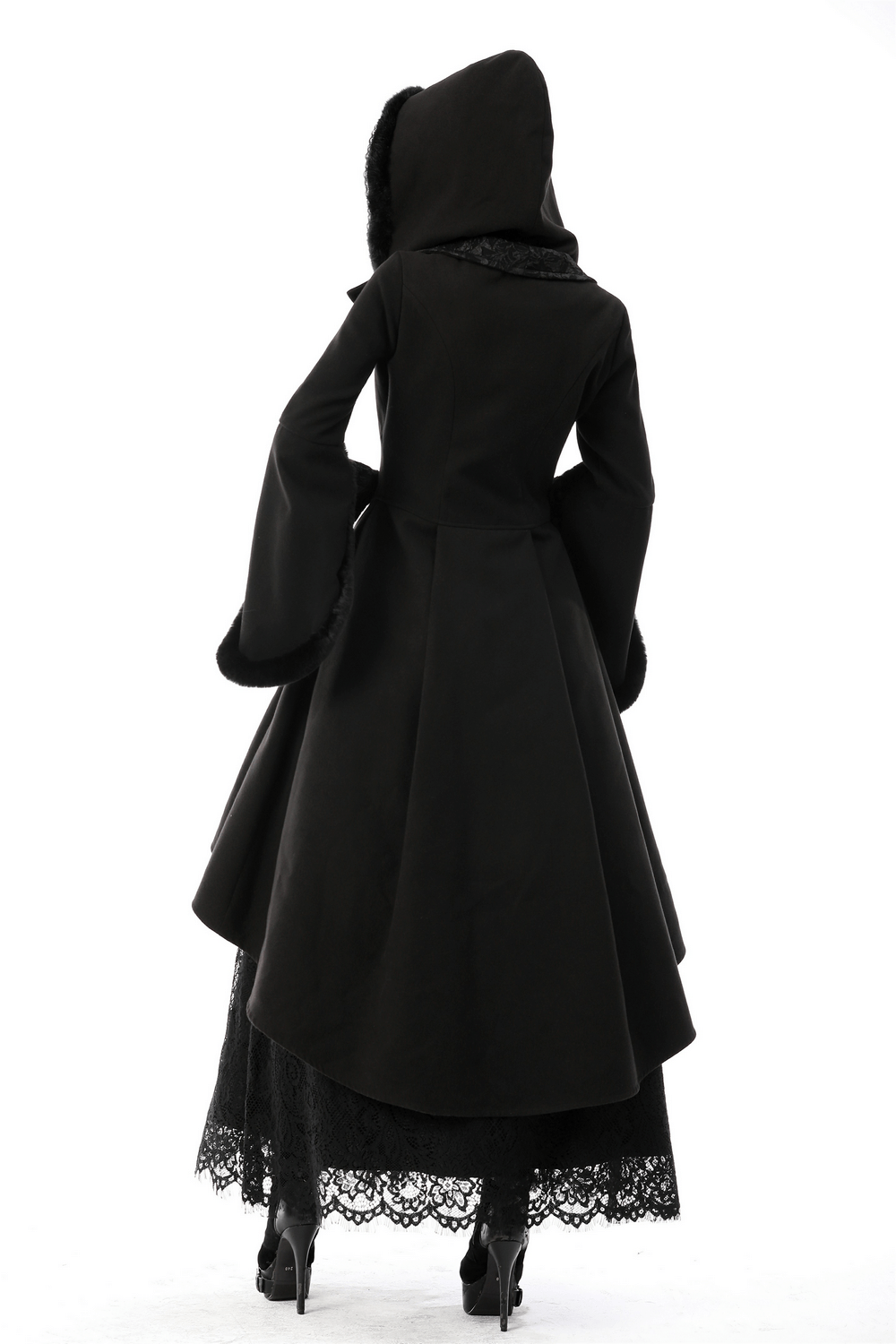 Elegant Gothic female hooded coat with flared sleeves and lace detailing, perfect for a chic, edgy style.