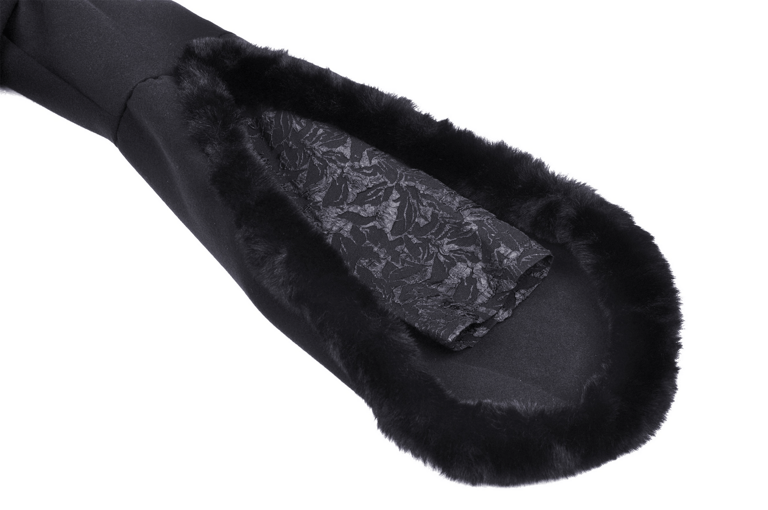 Detail of a gothic black coat's flared sleeve with plush lining and intricate lace design for an elegant touch.
