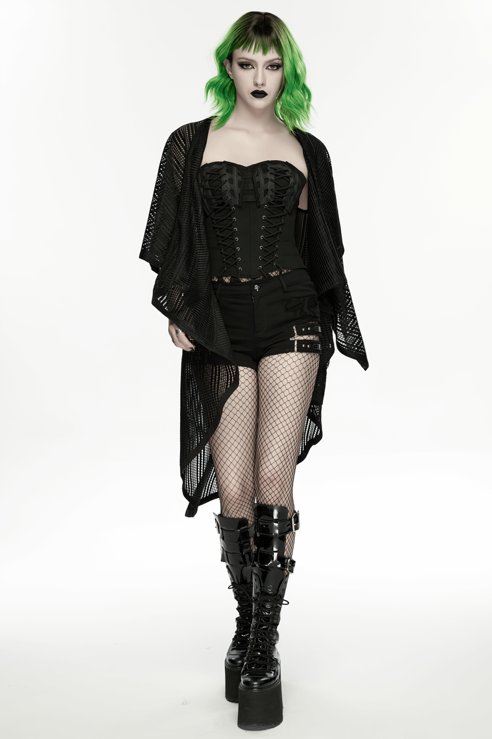Gothic Female Hooded Mesh Cape with Belt Punk Style worn with corset and shorts, showcasing punk-gothic fashion.
