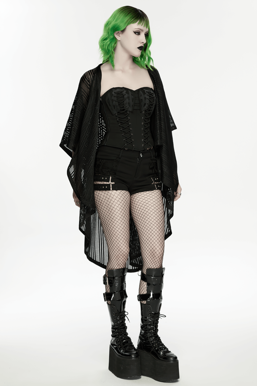 Gothic Female Hooded Mesh Cape with Belt Punk Style worn over a corset, showcasing a bold punk look with fishnet leggings.