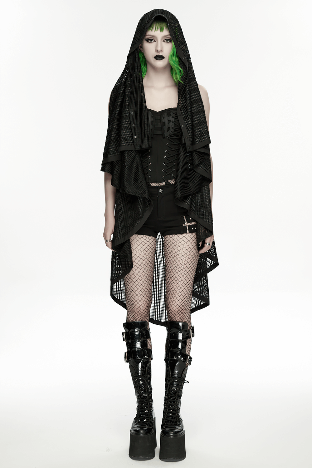 Gothic Female Hooded Mesh Cape with Belt Punk Style worn by model in punk outfit with green hair and striking makeup.