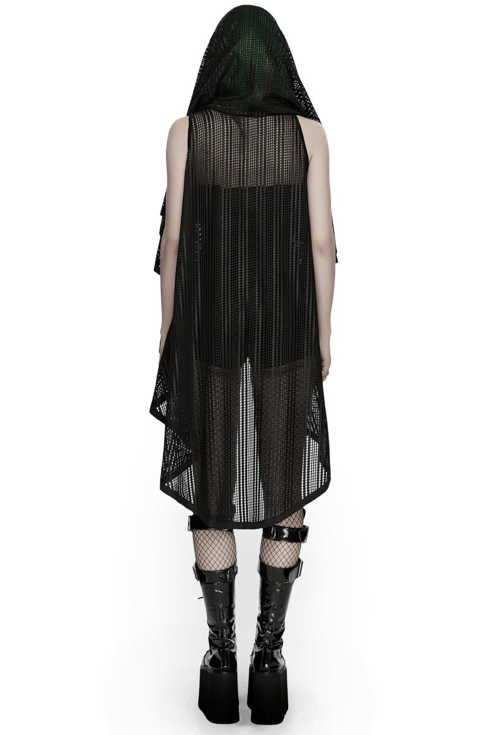 Gothic Female Hooded Mesh Cape with Belt Punk Style shown from the back, highlighting the textured mesh and bold design.