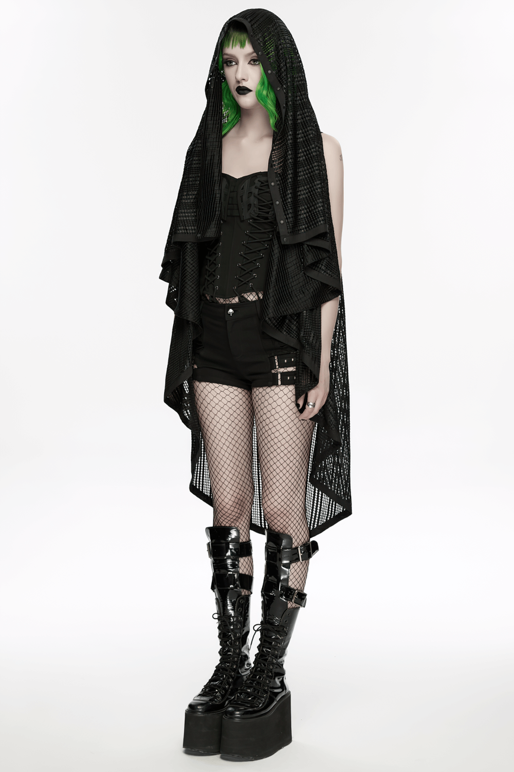 Gothic Female Hooded Mesh Cape with Belt Punk Style worn by a model showcasing a striking punk-inspired outfit.