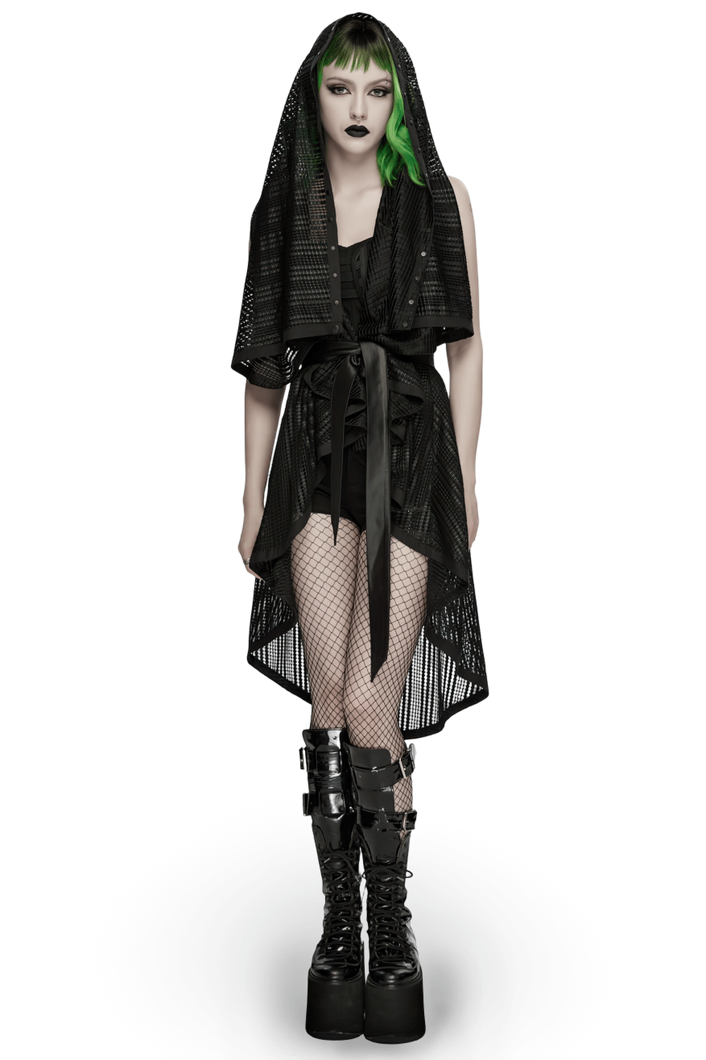 Gothic Female Hooded Mesh Cape with Belt Punk Style showcased on a model with green hair, wearing fishnet and platform boots.