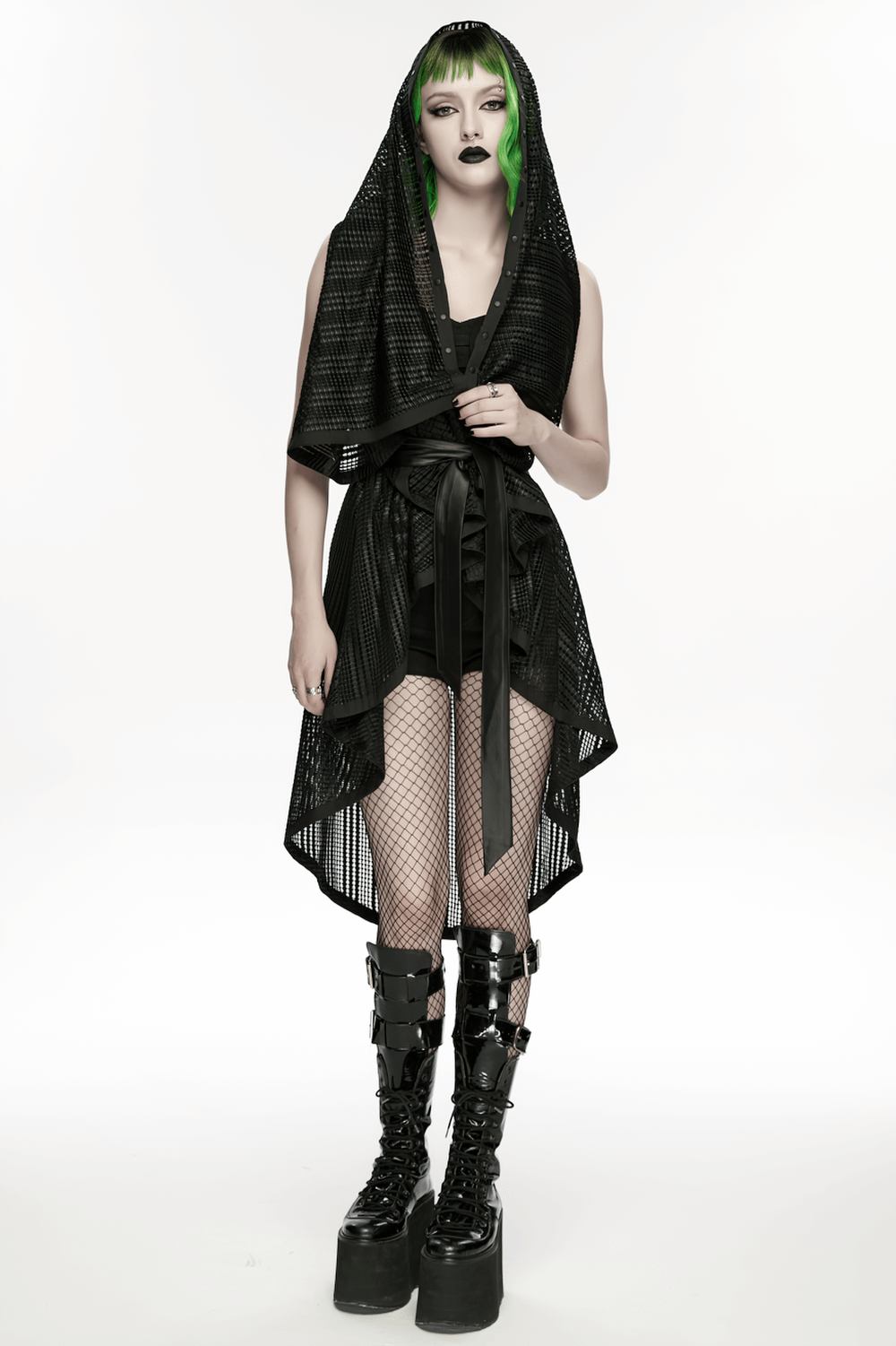 Gothic Female Hooded Mesh Cape with Belt Punk Style modeled by a model showcasing the edgy, alternative fashion look.