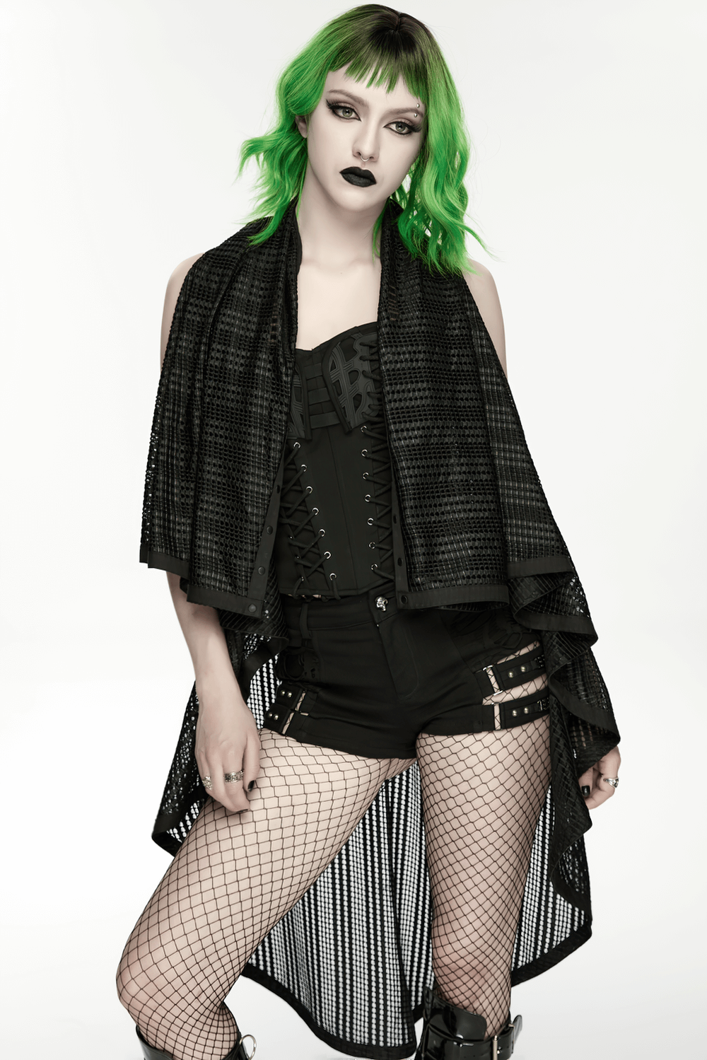 Gothic Female Hooded Mesh Cape with Belt Punk Style worn by model with green hair and edgy outfit.