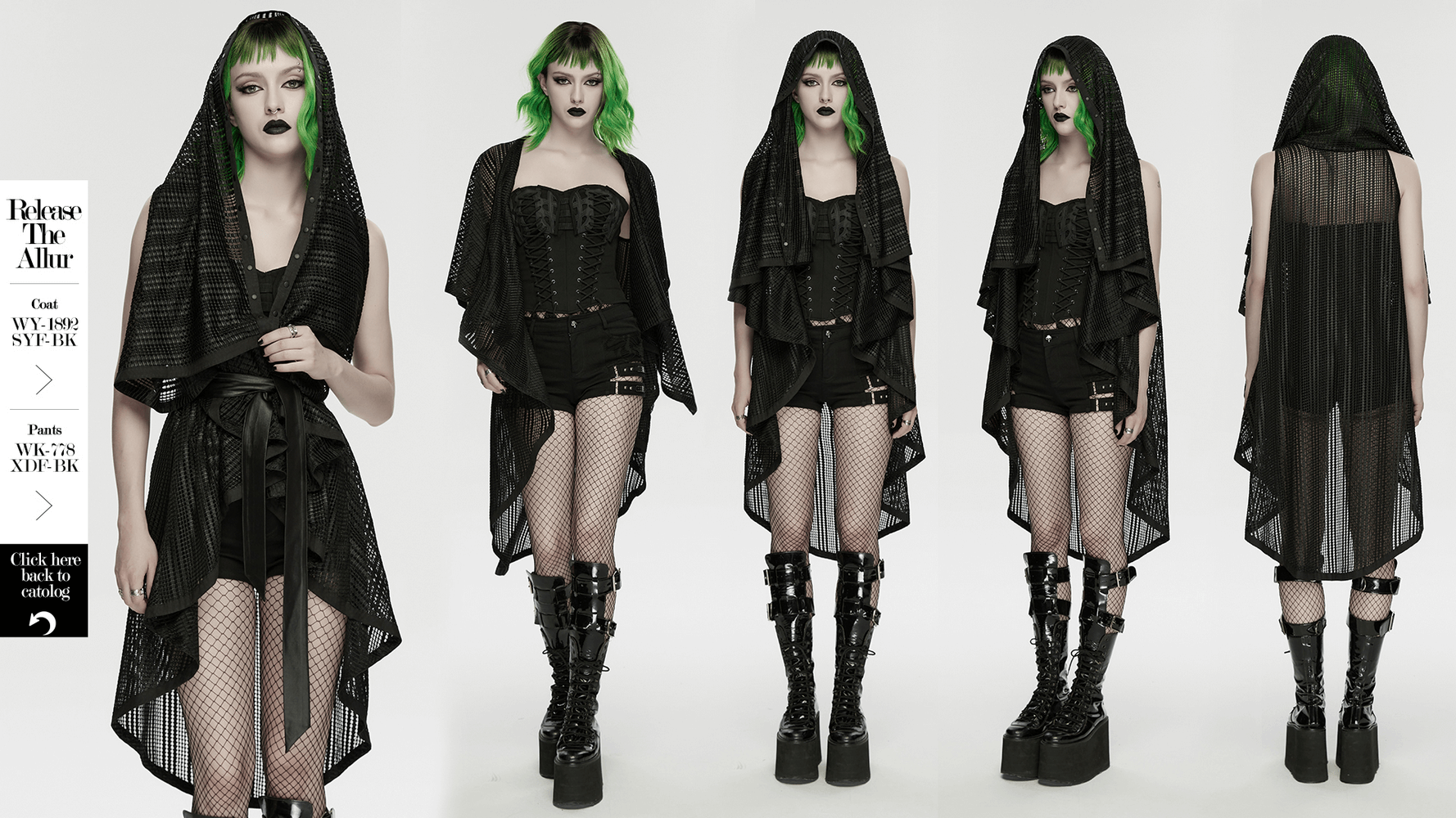Gothic Female Hooded Mesh Cape with Belt Punk Style showcased by a model wearing punk outfit with green hair.