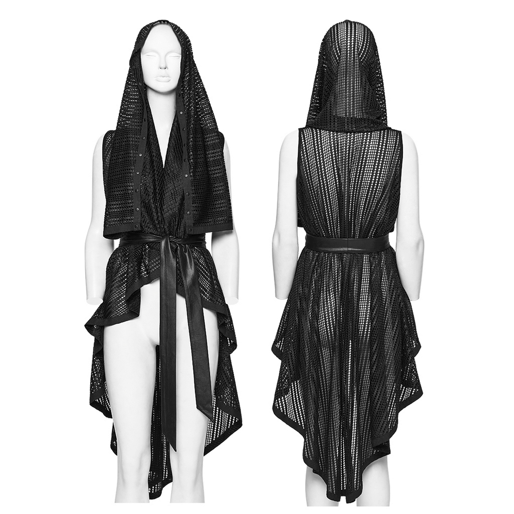 Gothic Female Hooded Mesh Cape with Belt Punk Style displayed on a mannequin, showcasing its intricate design and layers.